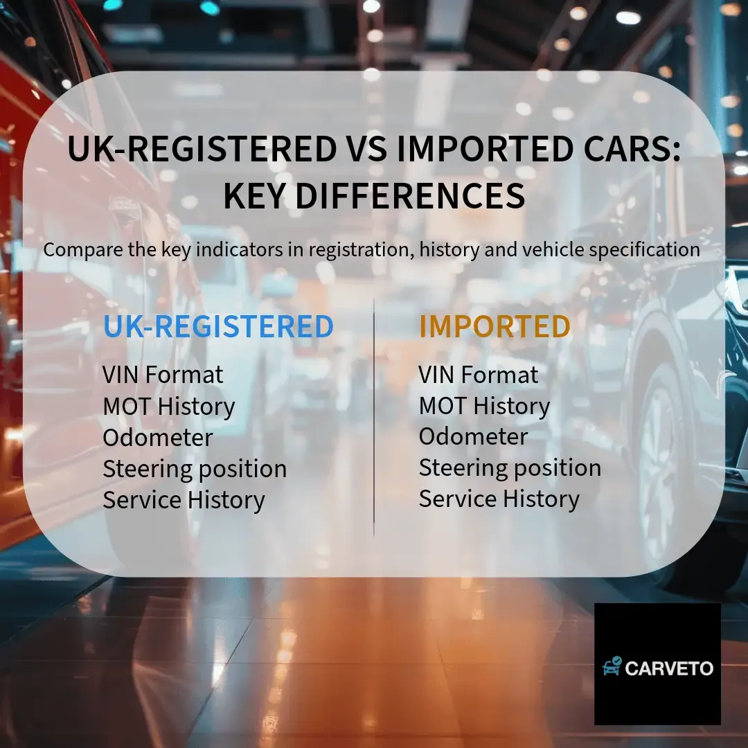 UK-registered and imported car comparison showing VIN MOT odometer steering position and service history indicators