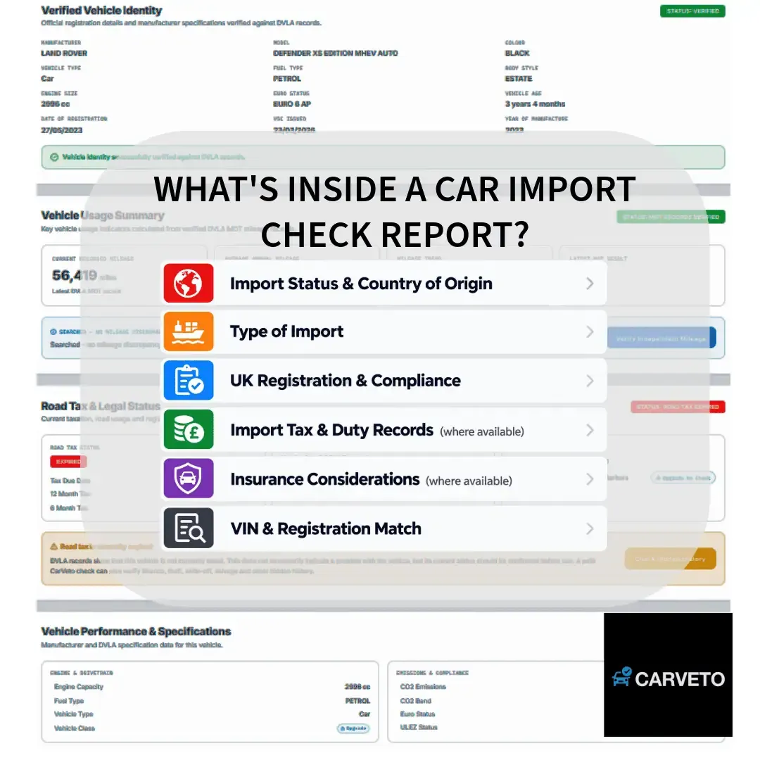 Car import check report showing import status country of origin import type UK compliance available tax and insurance information and VIN registration match