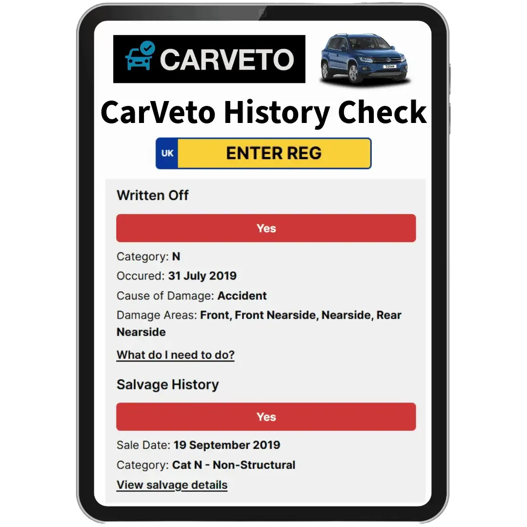 Confirm vehicle history with CarVeto report – write-off, salvage, finance, mileage status on screen