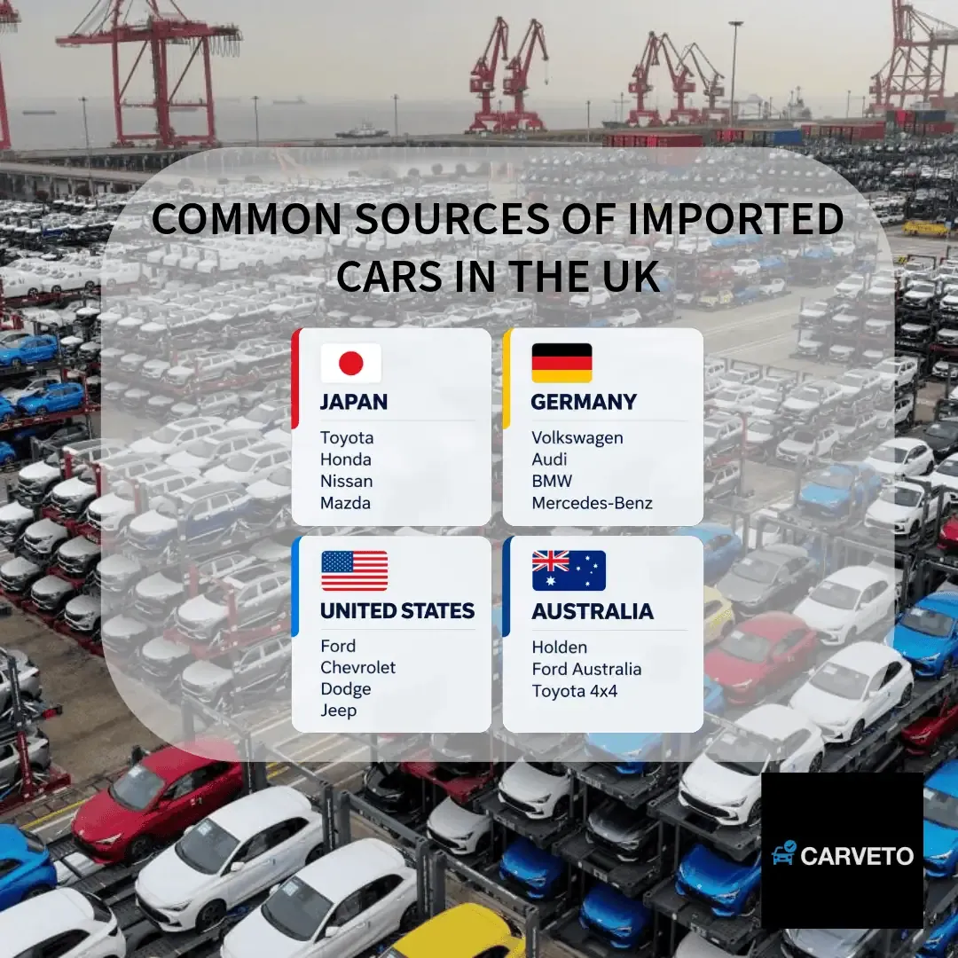 Common sources of imported cars in the UK showing Japan Germany United States and Australia with example manufacturers