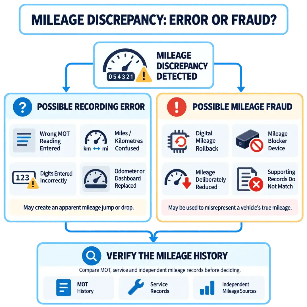 Mileage discrepancy comparison showing possible recording errors and mileage fraud indicators with MOT, service and independent record verification