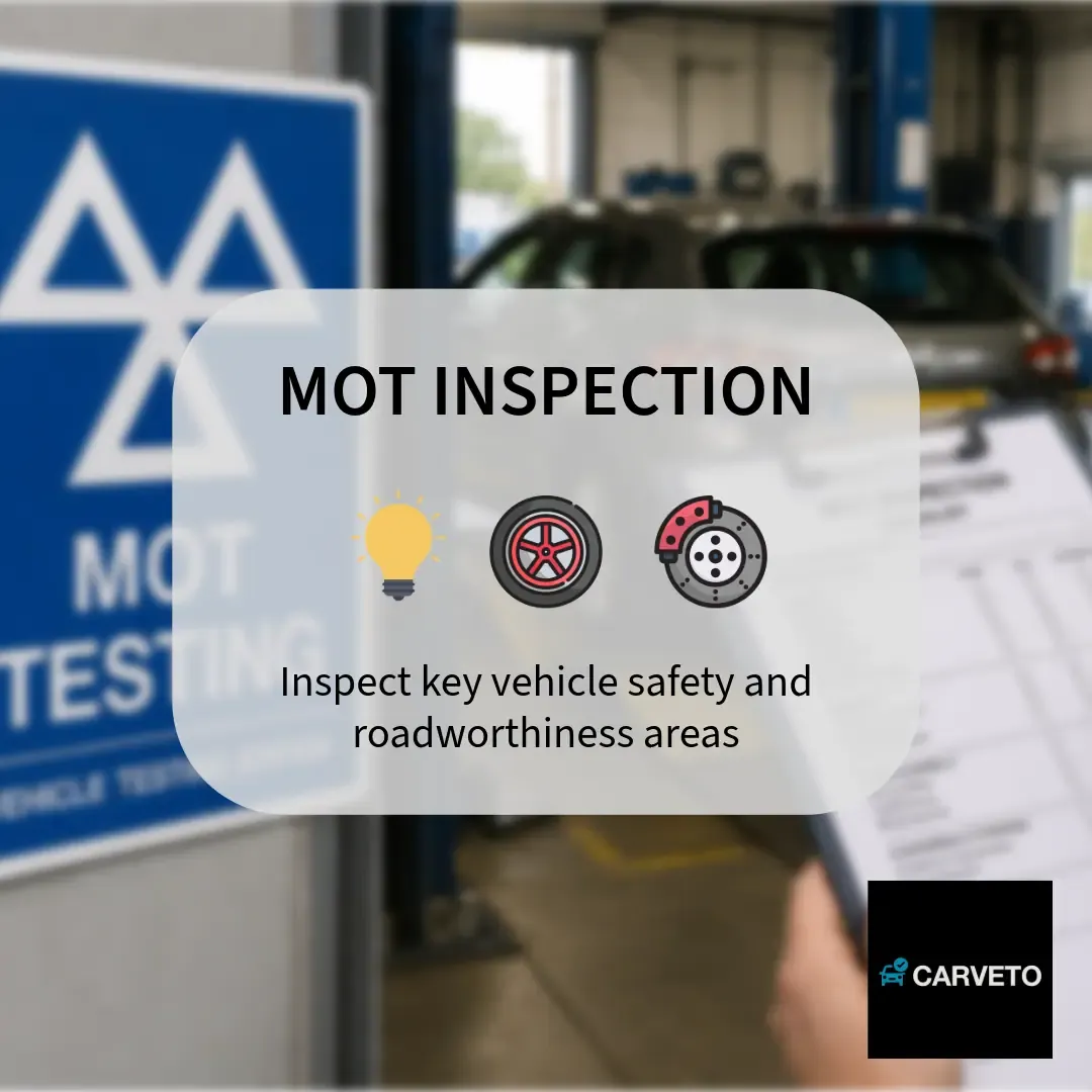 MOT inspection showing key vehicle safety and roadworthiness checks including lights wheels and brakes