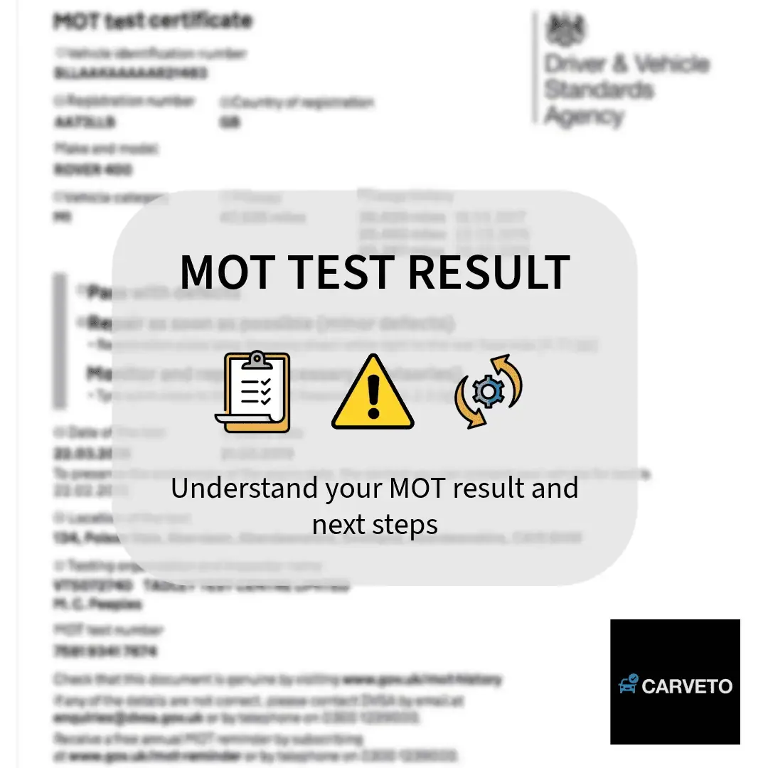 MOT test result showing vehicle test outcome and next steps after an MOT inspection