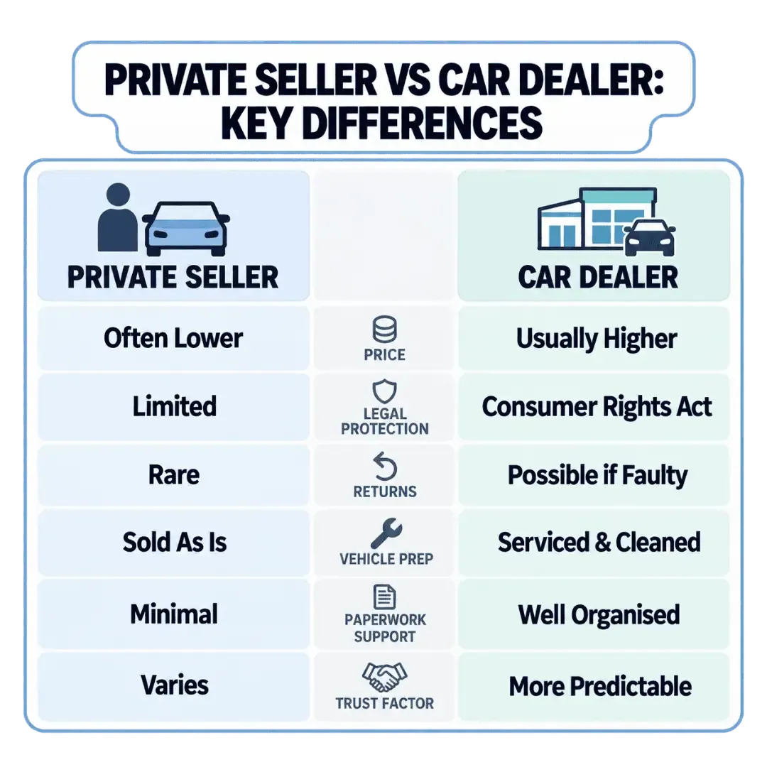 Private seller versus car dealer comparison showing differences in price, legal protection, returns, vehicle preparation, paperwork support and trust
