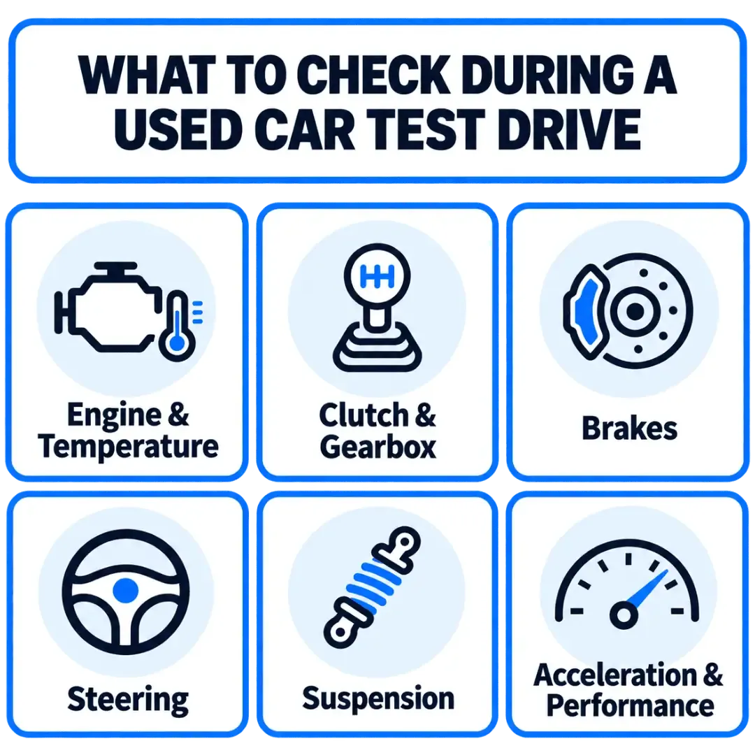 Used car test drive checklist showing engine temperature, clutch and gearbox, brakes, steering, suspension and acceleration performance