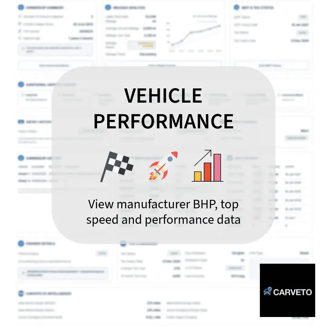 Vehicle performance report showing manufacturer BHP, top speed, acceleration and performance specifications