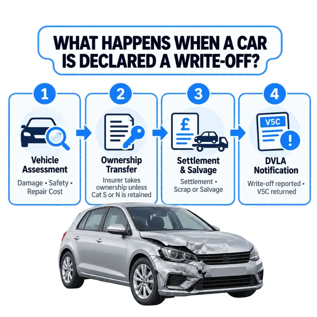 Insurance write-off categories showing a damaged car being assessed for vehicle classification