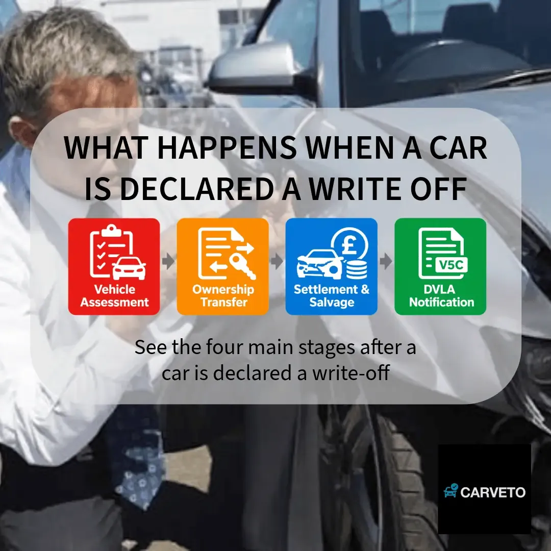 Car write-off process showing vehicle assessment, ownership transfer, settlement and DVLA notification