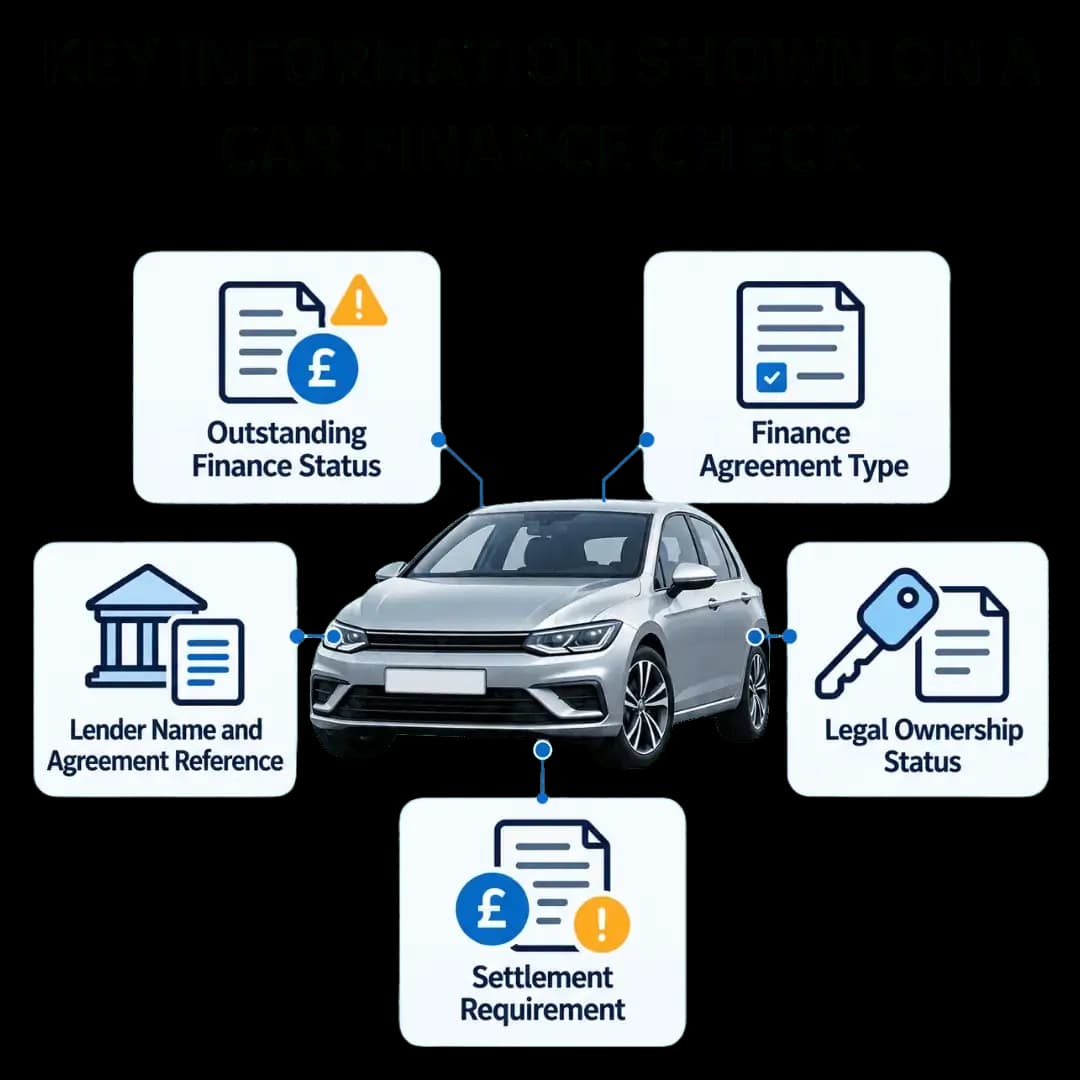 Car finance check showing outstanding finance status, finance agreement type, lender and agreement reference, legal ownership status and settlement requirement