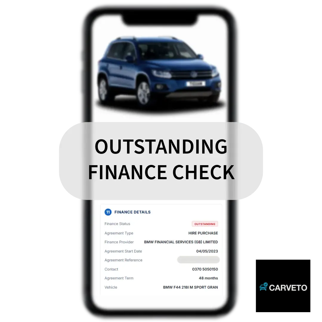 Car finance report displayed on a phone showing outstanding vehicle finance information for car buyers