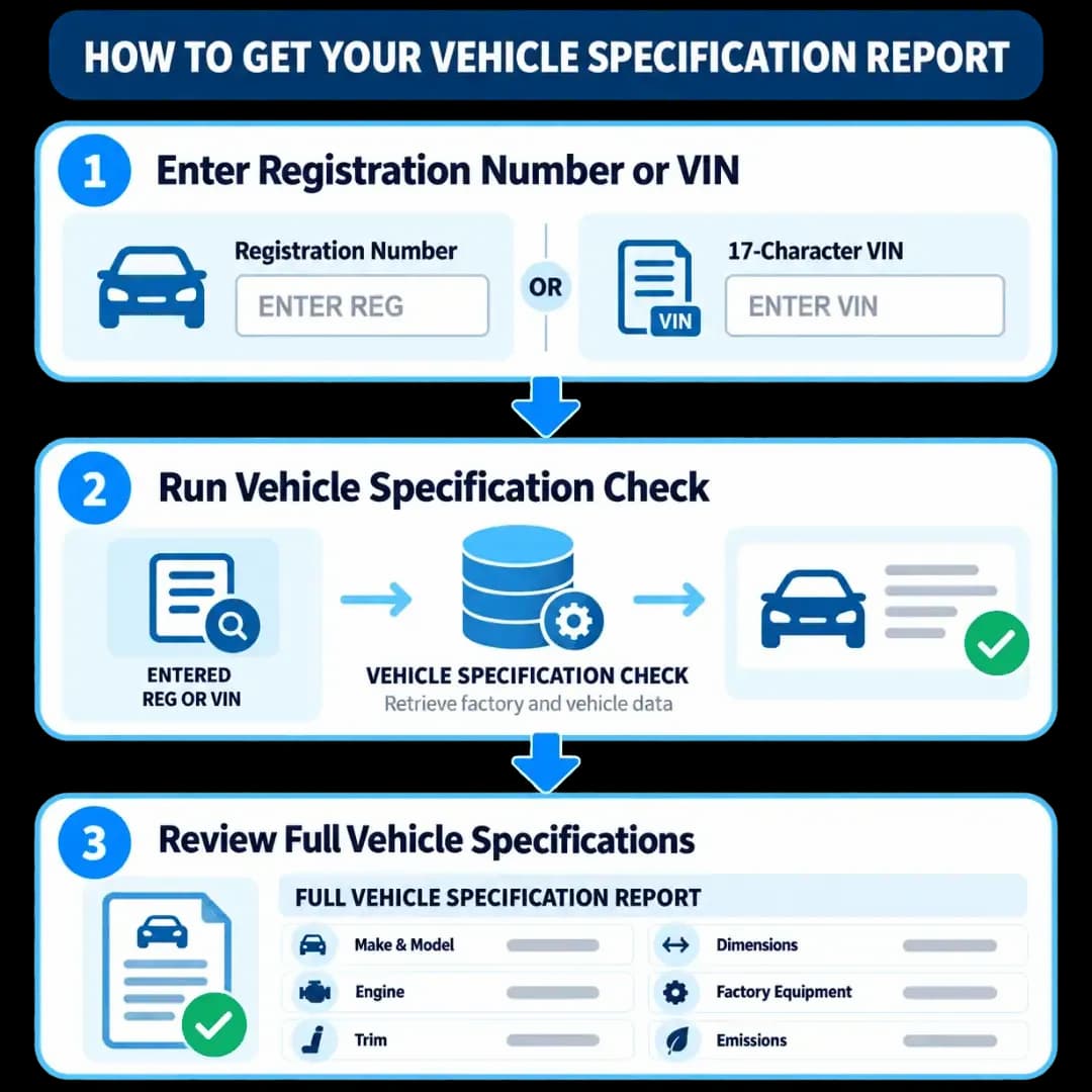 Vehicle specs check process showing registration number or VIN entry, specification lookup and review of full vehicle specifications