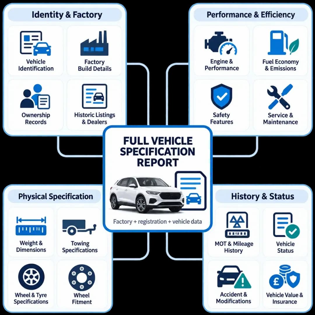 Car specs report showing 16 vehicle information categories including identification, performance, dimensions, factory build, safety, history and vehicle status