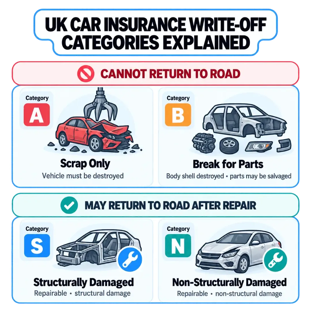 Car write-off process showing vehicle assessment, ownership transfer, settlement and salvage, and DVLA notification