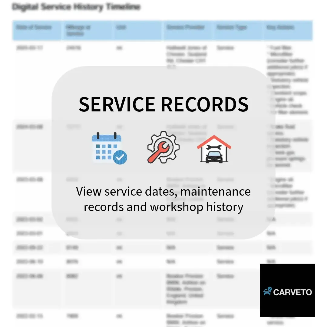 Digital service history report showing service dates, maintenance records, workshop information and recorded mileages