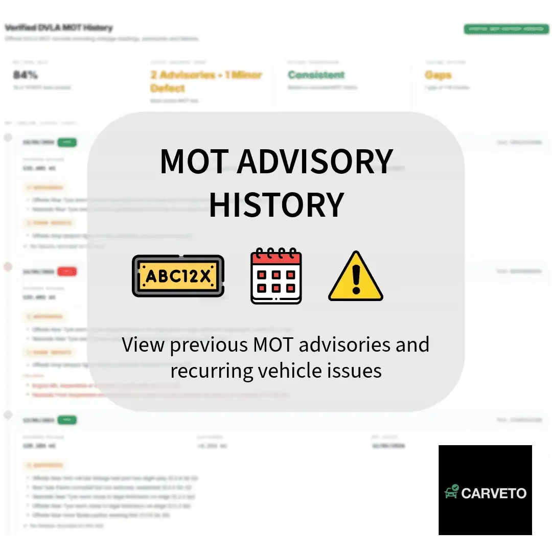 MOT advisory history showing previous advisory notes and recurring vehicle issues