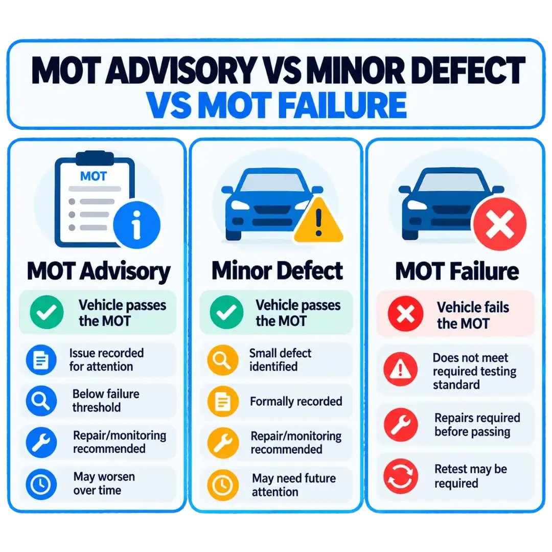 MOT advisory showing vehicle inspection issues that may require future repair
