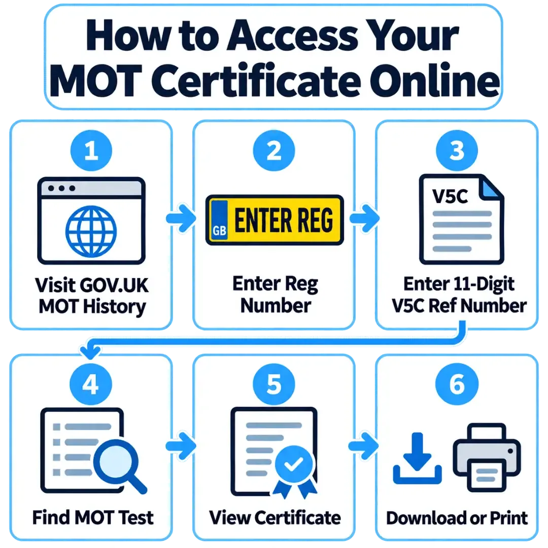 Digital MOT certificate download process showing GOV.UK MOT history access, registration entry, V5C reference number, certificate viewing, downloads and printing