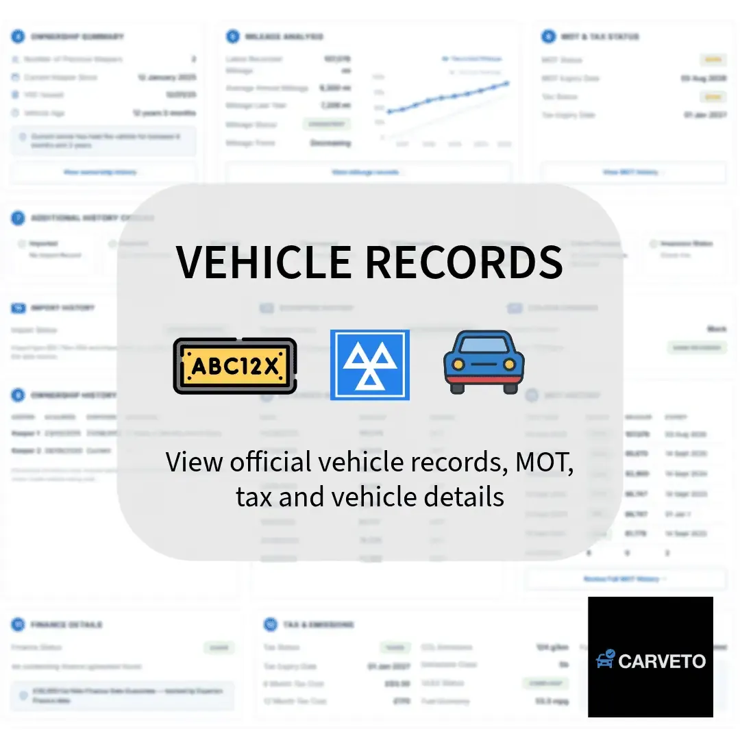 Official vehicle report displaying registration details, MOT status, road tax information and vehicle specifications