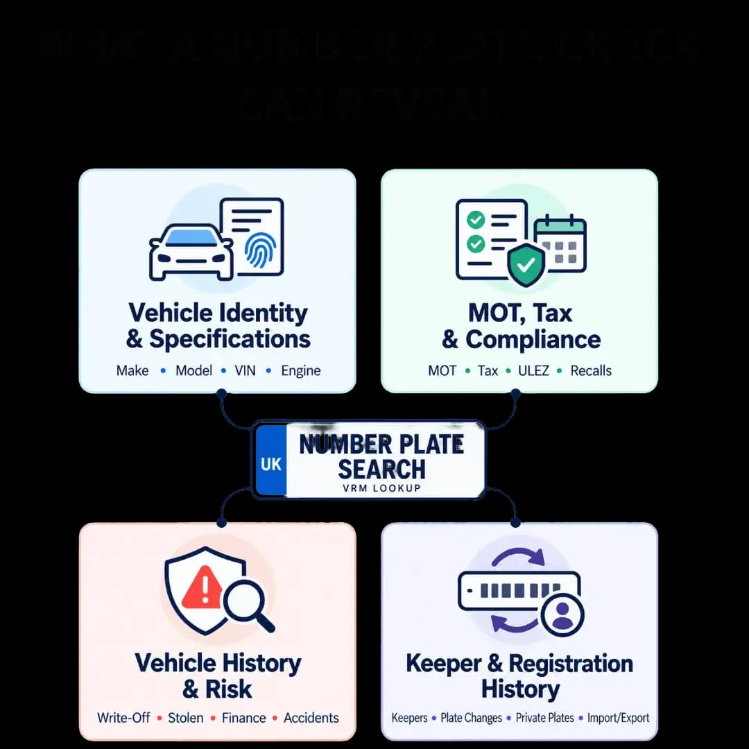 Number plate search showing vehicle identity and specifications, MOT and tax compliance, vehicle history risks, and keeper and registration history