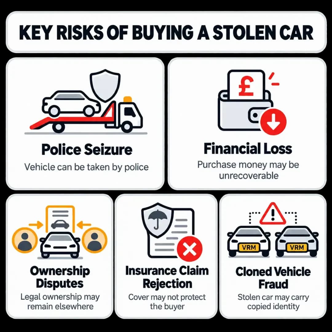 Risks of buying a stolen car including police seizure, financial loss, ownership disputes, insurance claim rejection and cloned vehicle fraud