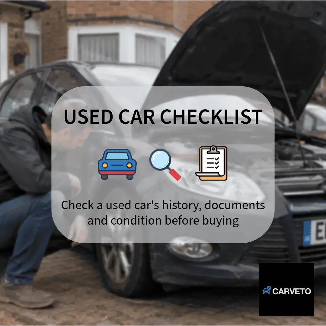 Used car checklist showing a buyer inspecting a vehicle before purchase
