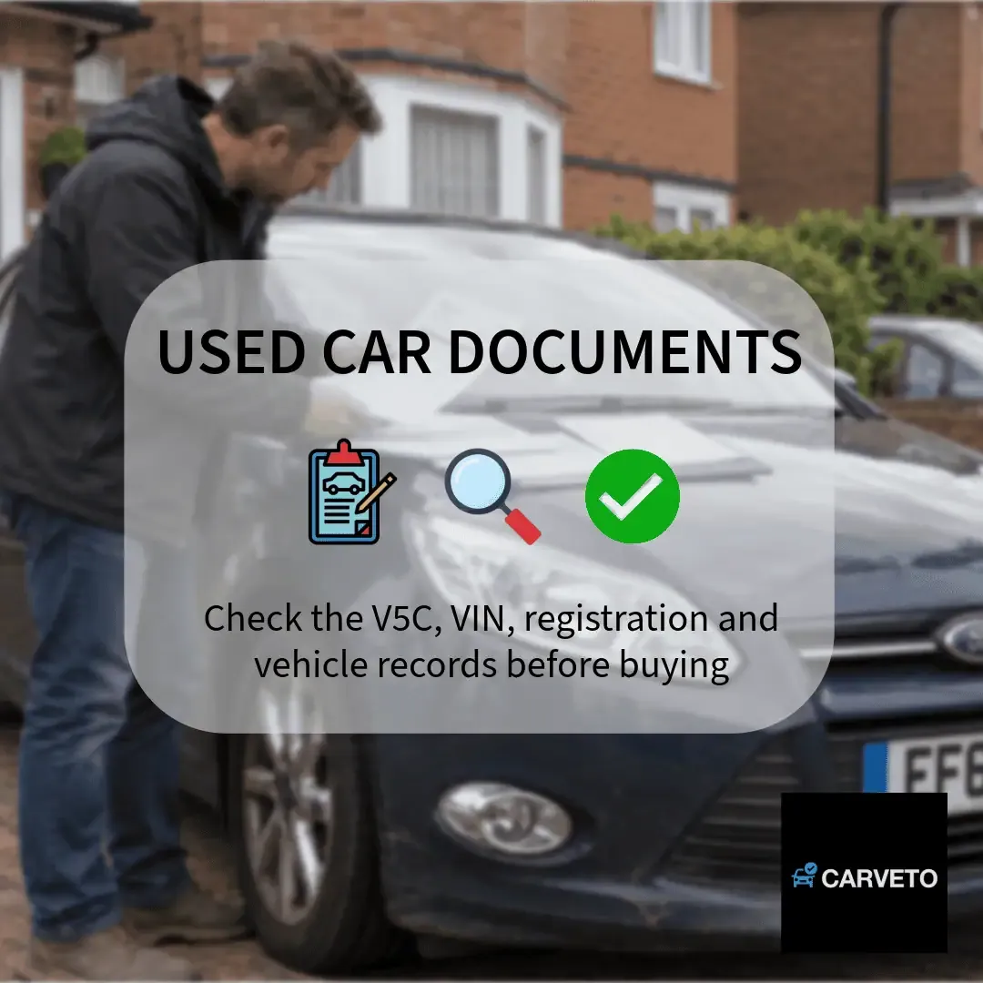 Used car documents being checked against a vehicle before purchase
