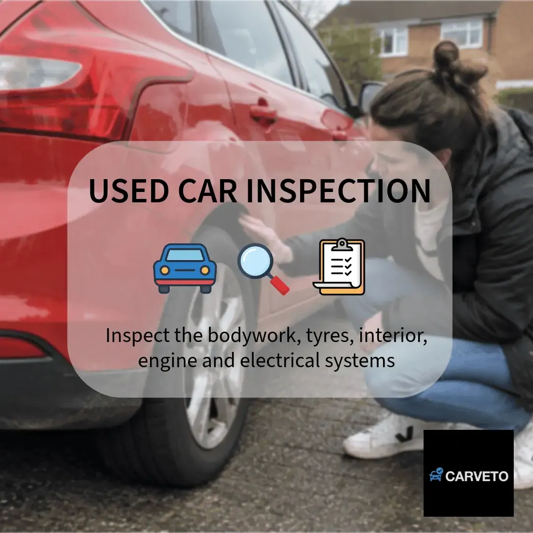 Used car inspection showing a buyer checking bodywork, wheel and tyre condition
