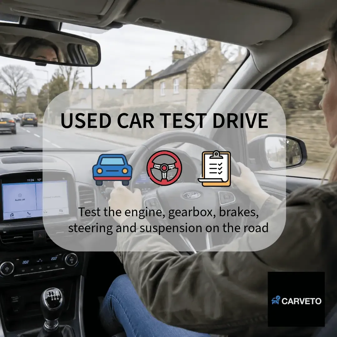 Used car test drive showing a driver assessing the vehicle on the road