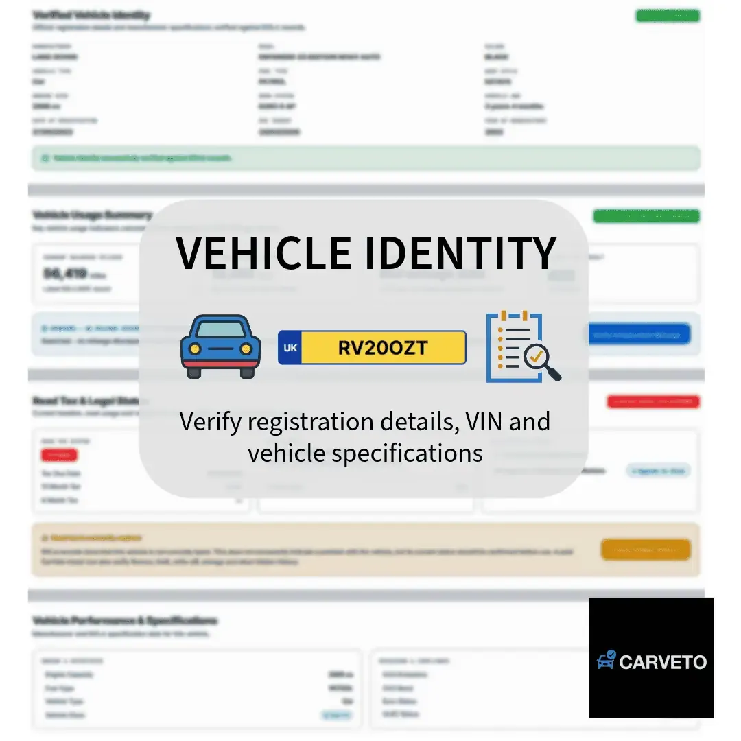 Vehicle identity check showing registration details VIN verification and vehicle specifications